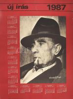 1987 Kassák Lajos arcképével (Fotó: Vattay Elemér) illusztrált Új Írás naptár plakát, ofszet, papír, Zrínyi Nyomda, javított szakadással lapszéli sérülésekkel, 64x47 cm