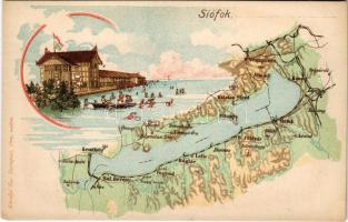 Siófok, Balaton térkép, fürdő. Károlyi Gy. kiadása, litho
