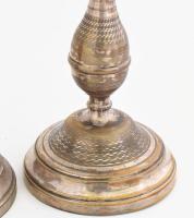 cca 1930, Ezüstözött alpakka gyertyatartó pár, kopással, sérüléssel, m: 24 cm