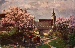 1913 Lajtaszentgyörgy, Sankt Georgen am Leithagebirge (Kismarton, Eisenstadt); Szentgyörgy. Kőszeghi Fangh Dezső vízfestménye után. Röttig Gusztáv és fia kiadása (EK)