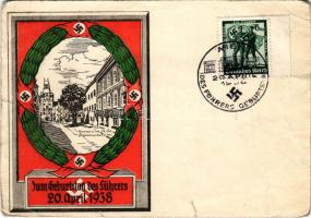 1938 Zum Geburtstag des Führers. Braunau am Inn, Geburtshaus des Führers / Birthday and birthplace of Adolf Hitler, NSDAP German Nazi Party propaganda, swastika + So. Stpl (tear)