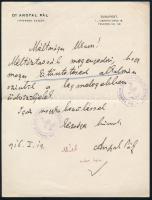 Síkabonyi Angyal Pál (1873-1949) büntetőjogász, egyetemi tanár, a Magyar Tudományos Akadémia tagja autográf levele fejléces papíron.