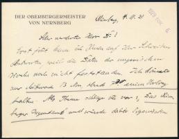 1929 Hermann Luppe (1874-1945) nürnbergi főpolgársmester autográf levele budapesti látogatásán, melyben a Gellért Szállóba ad időpontot. / Autograph letter of Hermann Luppe (1874-1945), mayor of Nuremberg, during her visit to Budapest, in which she makes an appointment at the Gellért Hotel.