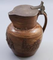 cca 1840/60 Portheim &amp; Sons márványmintás kőedény kancsó. Chodau, Bohemia, cca 1840/60, jelzett, ón fedéllel, restaurált, m: 23,5 cm