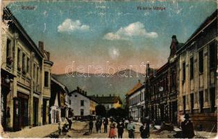 Ruttka, Vrútky; Fő utca, Szétsényi Ferenc üzlete. Vasúti levelezőlapárusítás 22-1918. / main street, shops (EK)
