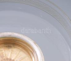 cca 1930, Ezüstözött kínáló, üvegoszlop betétekkel, üveg tállal, kopással, m: 25,5 cm