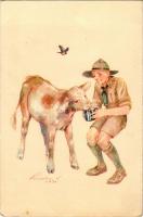 A cserkész szereti a természetet, jó az állatokhoz. A Magyar Cserkészszövetség kiadása / Hungarian boy scout art postcard s: Márton L. (EK)