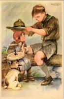 A cserkész másokkal szemben gyöngéd, magával szemben szigorú. Cserkész levelezőlapok kiadóhivatala, Klösz Coloroffset / Hungarian boy scout art postcard s: Márton L.