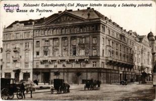 1940 Kolozsvár, Cluj; Takarékpénztár, Első Magyar Biztosító társaság a Sebestyén palotával. Rigó Árpád kiadása / savings bank, insurance company + "1940 Kolozsvár visszatért" So. Stpl (szakadások / tears)