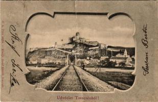 1901 Trencsén, Trencín; Vasúti híd és vár. Szold Henrik kiadása / railway bridge and castle. Art Nouveau (fa)