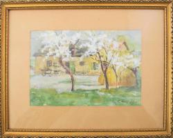 Juhászné Ráth Olga (1891-1969): Tanyai udvar. Akvarell, papír. Jelezve jobbra lent. Üvegezett fakere...