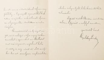 1916 Szalókay Sándor, Csíkvármegye főispánjának autográf levele, fejléces levélpapíron