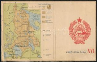 cca 1950 Karél-Finn SzSzK (a Szovjetunió 1940 és 1956 között létezett tagállama) térképe és címere, kissé viseltes állapotban, 13,5x21,5 cm