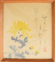 Olvashatatlan jelzéssel, feltehetően távol-keleti (japán vagy kínai?) alkotó: Virágok kalligráfiával. Akvarell, papír. Üvegezett fakeretben. 27x24 cm