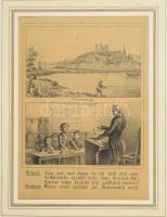 Pozsony (Pressburg/Bratislava) és humoros jelenet. Litográfia, papír. Jelzett a metszeten (Ad. Göhde, Löbau a/S). XIX. sz. Üvegezett fakeretben. 17x12 cm