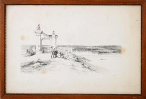 Dunai táj, Pozsony környéke. Litográfia, papír. Jelzés nélkül. XIX. sz. Foltos. Üvegezett fakeretben. 14x29 cm