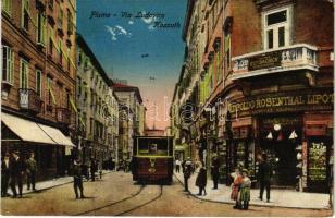1915 Fiume, Rijeka; Via Ludovico Kossuth, Dr. Luigi Bachich medico dentista, Leopoldo Rosenthal / utca, fogorvos, Rosenthal Lipót üzlete, villamos / street, tram, shops, dentist (szakadás / tear)