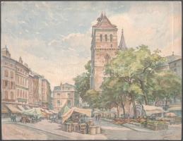 Alorain jelzéssel: Cahors, piac. Akvarell, papír, egészen apró lapszéli sérülésekkel, 27,5x36 cm