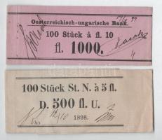 ~1880. "Osztrák-magyar bank - 100 darab 10 ft - 1000 ft / Oesterreichisch-ungarische Bank - 100 Stück á fl. 10 - fl. 1000" eredeti kétnyelvű bankjegykötegelő, 100db 10Ft címletű bankjegyhez + 1898. "100 Stück St. N. á. 5 fl. - D. 500 fl. U." eredeti, német nyelvű bankjegykötegelő 100db 5Ft bankjegyhez, használt állapotban