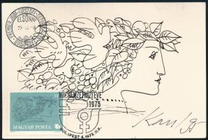 Kass János (1927-2010) Munkácsy Mihály-díjas grafikus, szobrász, bélyegtervező autográf aláírása grafikájával illusztrált képeslapon, alkalmi bélyegzéssel