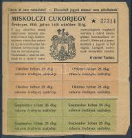 1916 Miskolc cukorjegy számozott, 8 szelvényt tartalmazó ívrészlet