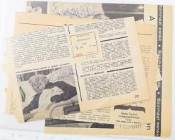 Cseres Tibor, Határ Győző, Pethes Sándor, Püski Sándor, Kincses Veronika, Gyurkovics Tibor, valamint Oleg Jefremov és Innokentyij Szmoktunovszkij orosz színészek aláírásai újságkivágásokon