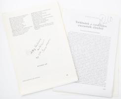 Keresztury Dezső, Határ Győző, Nagy Gáspár, Simon Balázs, Vas István, Balogh Róbert, Fráter Zoltán, Kőrösi Zoltán, Gál Sándor és Monoszlóy Dezső aláírásai verseiken, műveiken