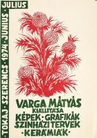 1974 Varga Mátyás kiállítása, Tokaj, Szerencs, plakát, fametszet, karton, jelzett a metszeten, apró elszíneződésekkel, sarkaiban apró gombostű által okozott lyukakkal, 70,5x49,5 cm