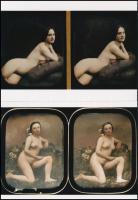cca 1852 Színezett, sztereó akt dagerrotípiák nyomán készült 2 db modern nagyítás, szolidan erotikus felvételek, jelzés nélkül, 15x21 cm
