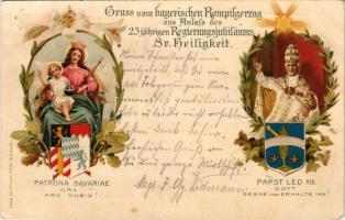 1902 Gruss vom bayerischen Rompilgerzug aus Anlass des 25 jährigen Regierungsjubiläums Sr. Heiligkeit. Papst Leo XIII, Patrona Bavariae ora pro nobis! Verlag der Firma L. Feldle (Augsburg) / Greetings from the Bavarian pilgrimage to Rome on the occasion of the 25th anniversary of reign of His Holiness Pope Leo XIII. Art Nouveau, floral, litho with coats of arms (gyűrődés / tear)