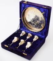 Angol EPNS italos pohár készlet, tálcával,eredeti bársonyborítású díszdobozban, poharak m: 9,5 cm, tálca d: 21 cm