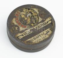 cca 1905 Kellner Kálmán Herkules drogéria. Bp., Kálvin tér szecessziós fém doboz, kopott d: 8 cm