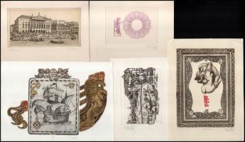 Vén Zoltán (1941- ): 5 db klf. ex libris és kisgrafika. Klf. technikák, papír, mindegyik jelzett, részben számozott klf. méretekben, egyiken lapszéli apró szakadással.