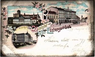 1899 (Vorläufer) Esztergom, Prímás kert, Bazilika prímási palota, takarékpénztár, üzletek. 2409 sz. Art Nouveau floral litho (vágott / cut)