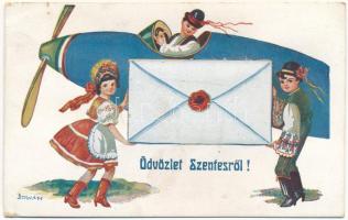 Szentes, leporellolap magyar népviselettel és repülőgéppel s: Bernáth (fa)