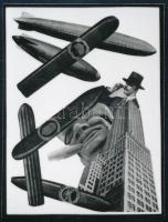 cca 1930-as 1940-es évek, ismeretlen kollázs/montázs készítő művész alkotásának későbbi prezentációja (Szivar-léghajó), miniatűr fotón, ezüstzselatinos fotópapíron, 5,1x3,8 cm