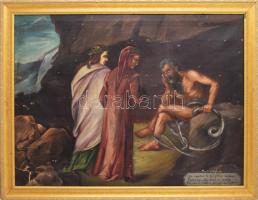Jelzés nélkül, feltehetően XIX. sz. alkotó: Dante Isteni színjátékából a pokol helyszíne. Olaj, vászon. Sérült. 65x88 cm. Proveniencia: Daley Gallery, Florida, 1998. Dekoratív fakeretben