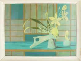 Korga György (1935-2002): Ikebana. Olaj, farost. Jelezve jobbra lent. Hátoldalán Képcsarnok Vállalat címkéjével. Üvegezett fakeretben. 60x80 cm