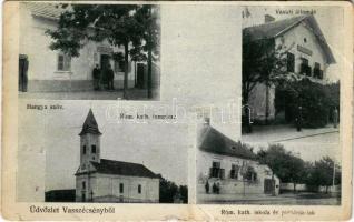 1917 Vasszécseny, Róm. kath. iskola és plébánia lak, Hangya szövetkezet, Róm. kath. templom, vasútállomás. Steegmüller műintézete kiadása (EB)