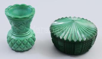Cseh malachitüveg bonbonier és kisváza, m: 7,5 cm alatt