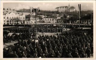 1938 Léva, Levice; bevonulás, tábori mise a felszabadított Léva város Kossuth terén, Országzászló. Foto Hajdu / entry of the Hungarian troops, field mass, Hungarian flag + "1938 Léva visszatért" So. Stpl.
