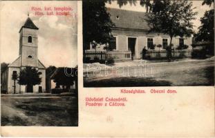 1911 Csácsó, Cacova (Szenice, Senica); Római katolikus templom, községháza / kostel, obecni dom / church, town hall (felüloeti sérülés / surface damage)