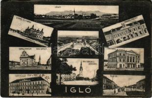 1909 Igló, Zipser Neudorf, Spisská Nová Ves; látkép, színház, Vigadó, evangélikus templom, katolikus templom, gimnázium, Takarékpénztár, Városháza, Felső tér. Ferencz D. kiadása / general view, theatre, concert hall, Evangelical church, Catholic church, high school, bank, town hall, Upper square (ázott / wet damage)