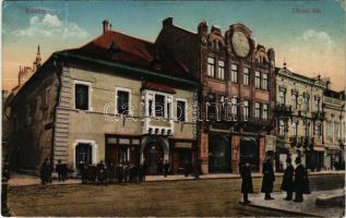 1920 Kassa, Kosice; Lőcsei ház, Kassai Takarékegylet, Kovács Dániel étterme, Komlós József vendéglője, Eschwig, Berger üzlete / street, bank, restaurant, shops (Rb)