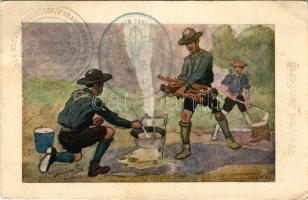 Fő a gulyás. Cserkész művészlap. A Magyar Lapvállalat kiadása. Apostol nyomda / Hungarian boy scout art postcard, scout camp s: Juszkó + So. Stpl (fa)