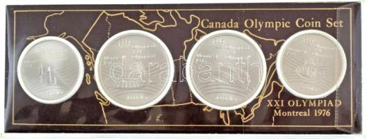 Kanada 1976. 5$ Ag "Montreali Olimpia - Olimpiai falu" + 5$ Ag "Montreali Olimpia - Olimpiai láng" + 10$ Ag "Montreali Olimpia - Olimpiai stadion" + 10$ Ag "Montreali Olimpia - Velodrom", mindegyik kapszulában, eredeti "Canada Olympic Coin Set" csomagolásban T:UNC Canada 1976. 5 Dollars Ag "Montreal Olympics - Olympic village" + 5 Dollars Ag "Montreal Olympics - Olympic flame" + 10 Dollars Ag "Montreal Olympics - Olympic Stadium" + 10 Dollars Ag "Montreal Olympics - Velodrome", all coins in capsule, in original "Canada Olympic Coin Set" case C:UNC