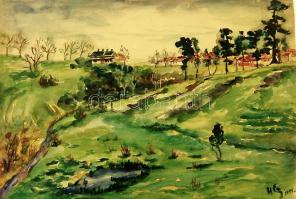 1951 H. Czakó jelzésű papír-akvarell tájkép kis házikóval (58x39cm)