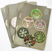 Herendi különféle mintájú porcelán tányérokat bemutató színes nyomtatványok, összesen kb. 40 db, közte duplumokkal, 31x20,5 cm