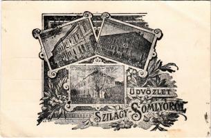 1940 Szilágysomlyó, Simleu Silvaniei; Igazságügyi palota, Állami elemi iskola, Minorita rend kolostora / Palace of Justice, elementary school, monastery. Art Nouveau, floral + "1940 Szilágysomlyó visszatért" So. Stpl. (EB)