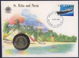 Kelet-Karibi Államok/St.Kitts és Nevis 1981. 1$ érmés borítékon előlapi st.kittsi bélyeggel + hátlapi elsőnapi bélyegzős ENSZ bélyeggel, ismertetővel T:1
